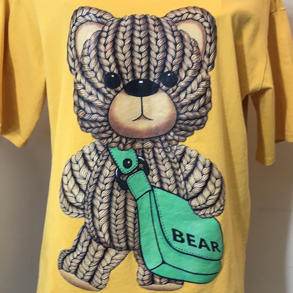 Moschino Unisex Yellow T-shirt Braided Hair Teddy Bear and Green Satchel